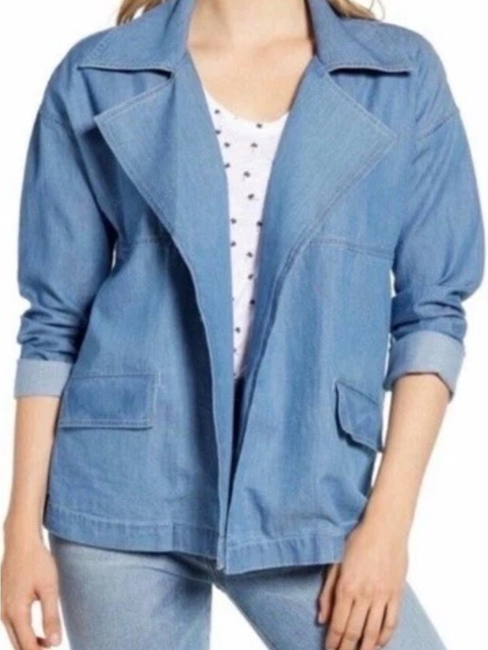 Caslon Nordstrom Chambray Utility Jacket Light Wash Denim Open Front Medium